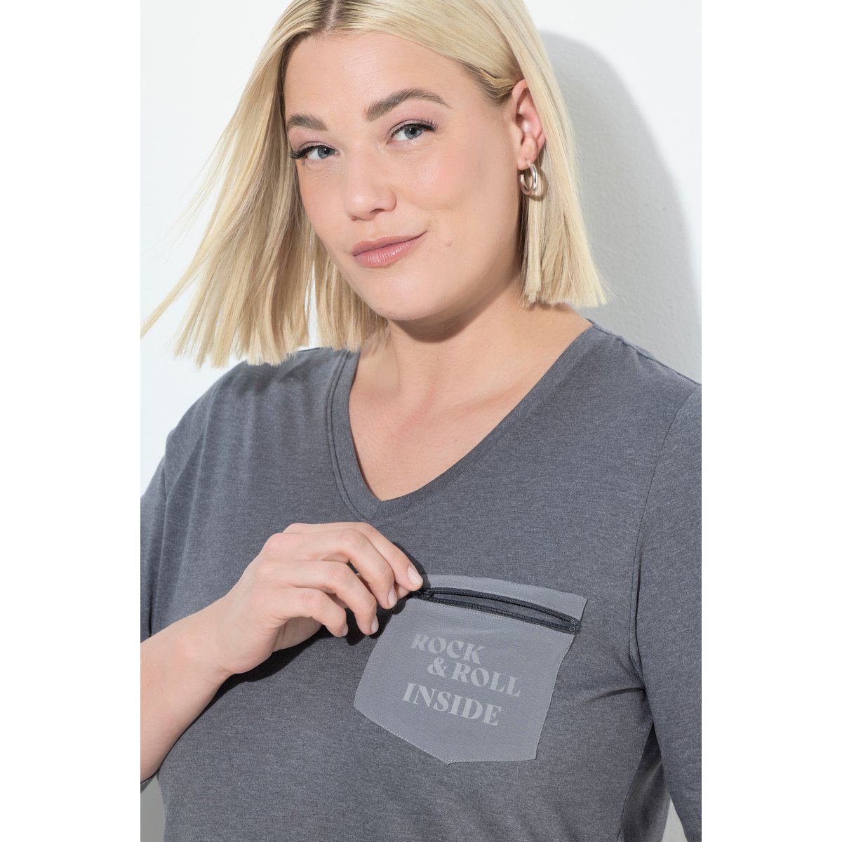 T-shirt décolleté en V et manches 3/4 gris graphite, ULLA POPKEN