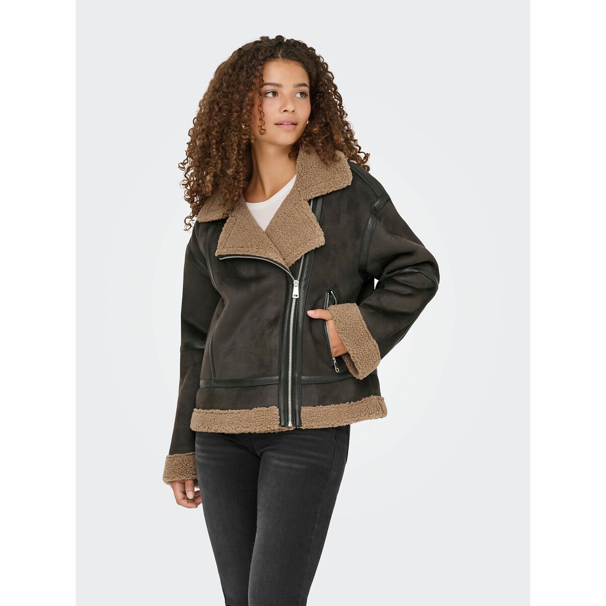 Manteau court esprit motard doublé sherpa chocolat, ONLY