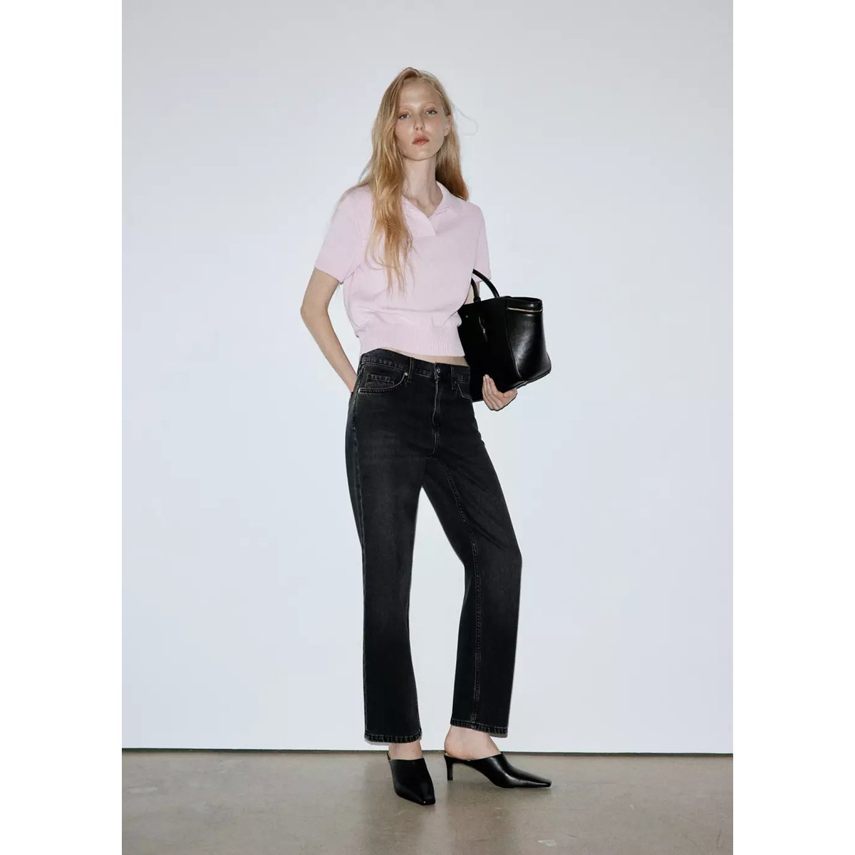 Jean droit regular waist black denim, MANGO
