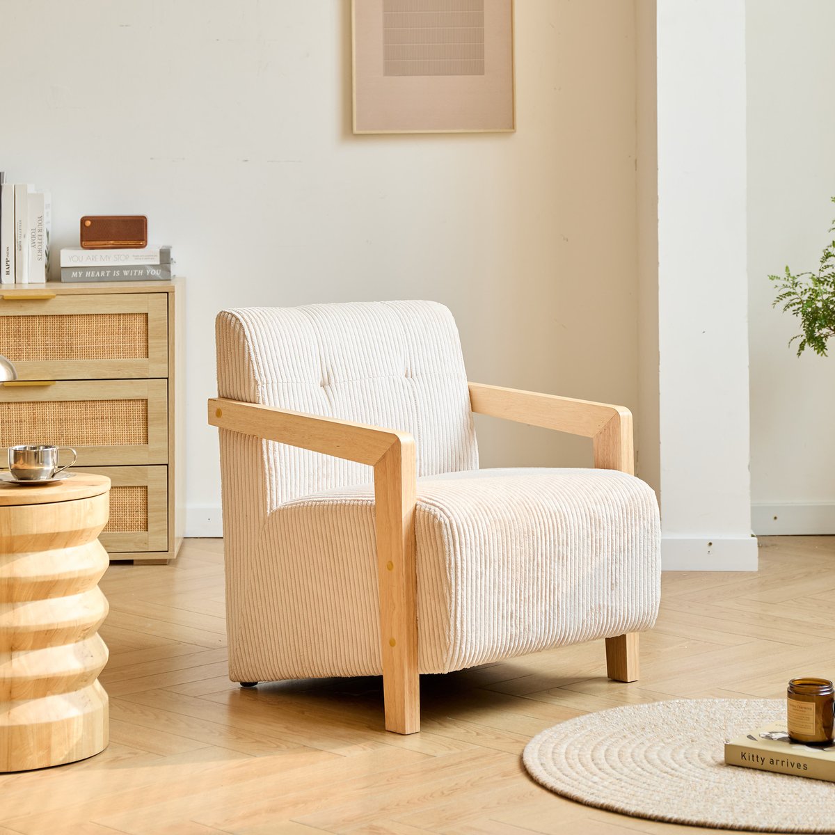 Fauteuil de salon en bois massif et velours côtelé, LERWICK beige, NORDLYS