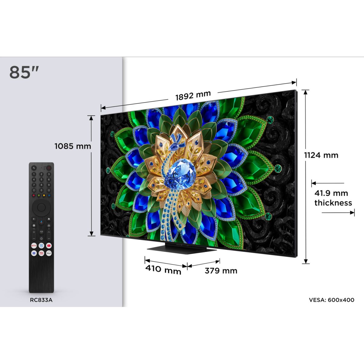 TV Mini LED 85A400U (2026) 85" (215 cm) - 144Hz, Smart TV, système audio ONKYO, mode art (effet tableau) couleur unique, TCL