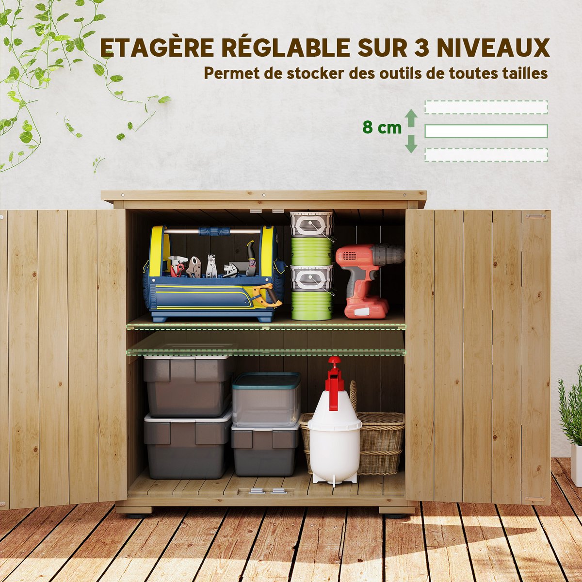 Coffre de rangement d'extérieur Bois de sapin beige, OUTSUNNY