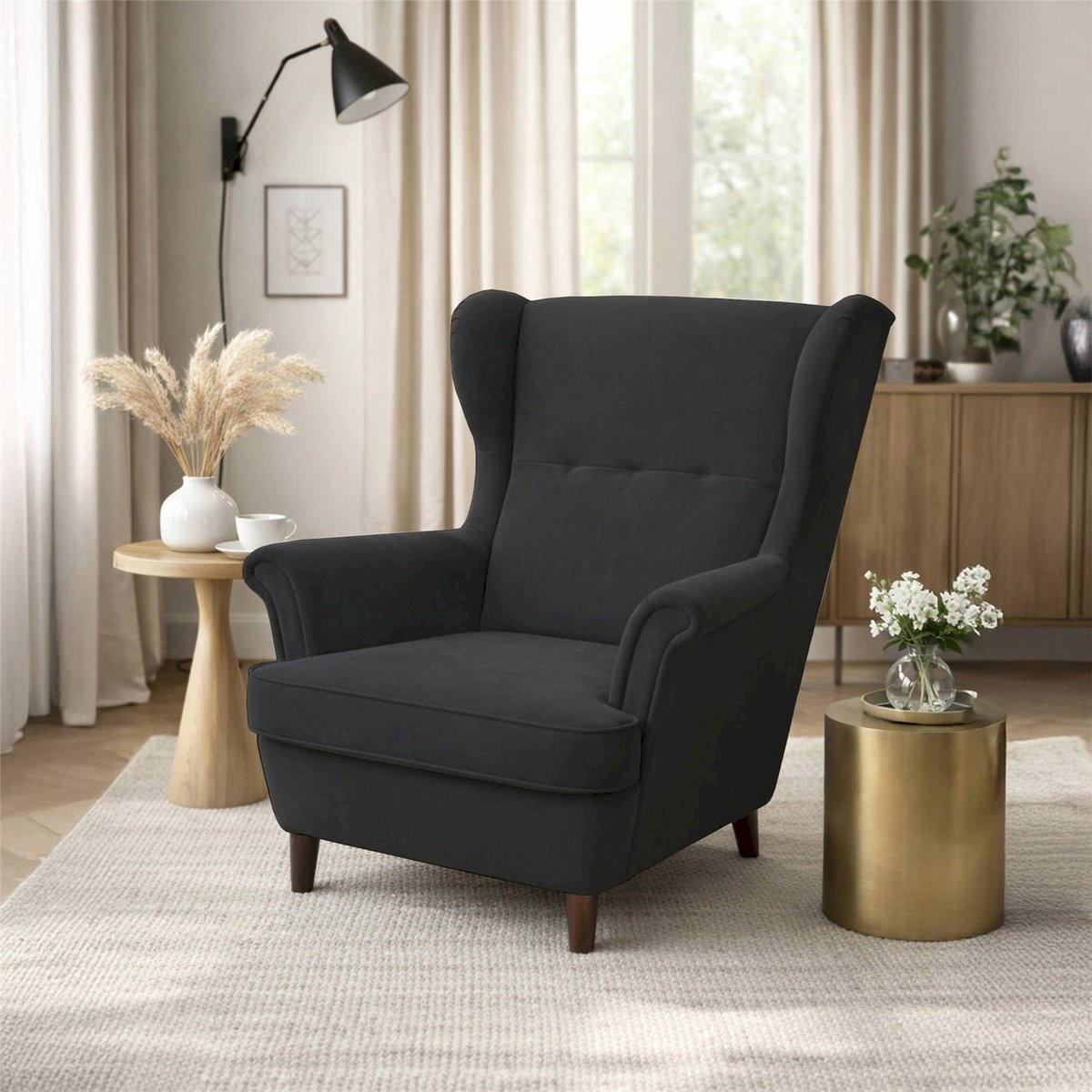 Fauteuil bergère en velours MALMELLO gris anthracite velours, RECOLLECTION