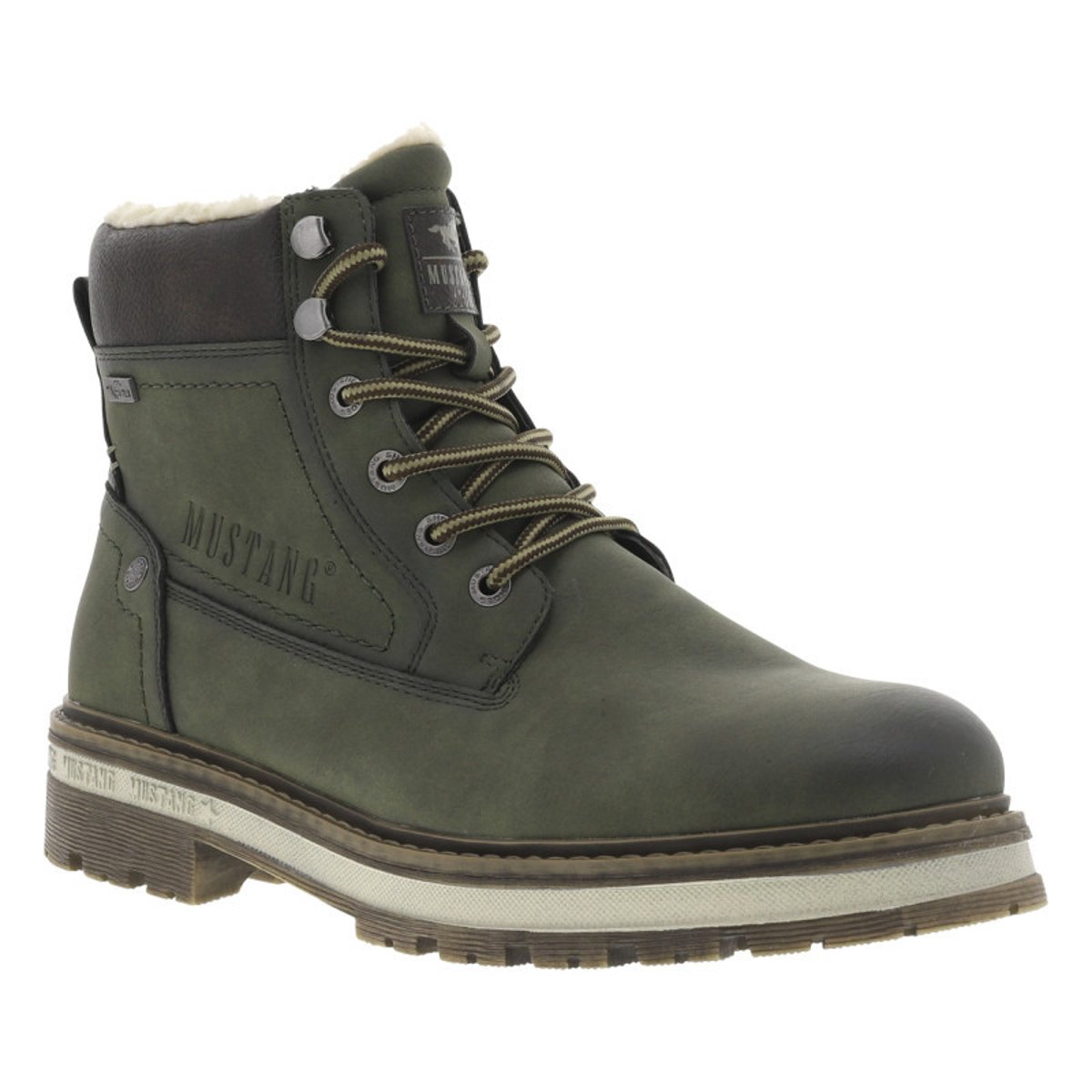 Bottines brunes à talon décroché bas avec une doublure en maille sherpa kaki, MUSTANG