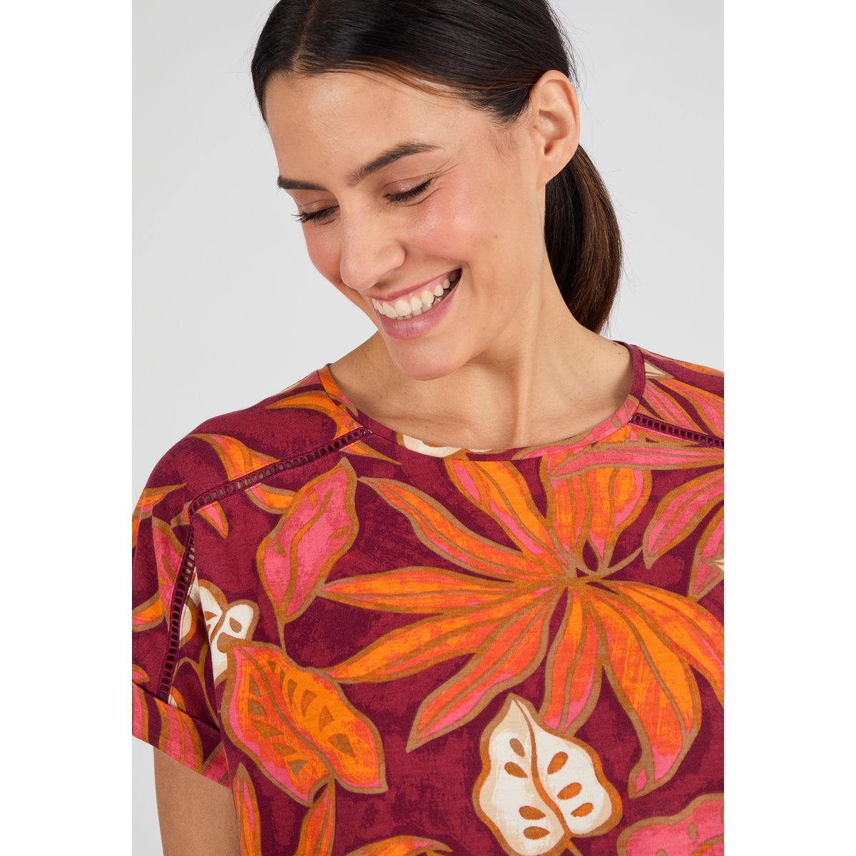 T-shirt imprimé tropical Climatyl rouge brique tropical, DAMART