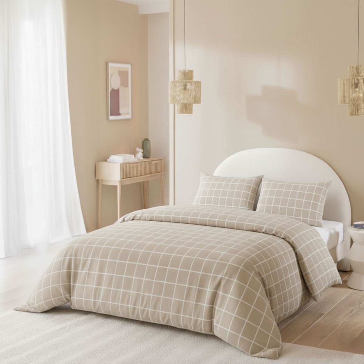 Parure de lit flanelle à carreaux beige, TERRE DE NUIT