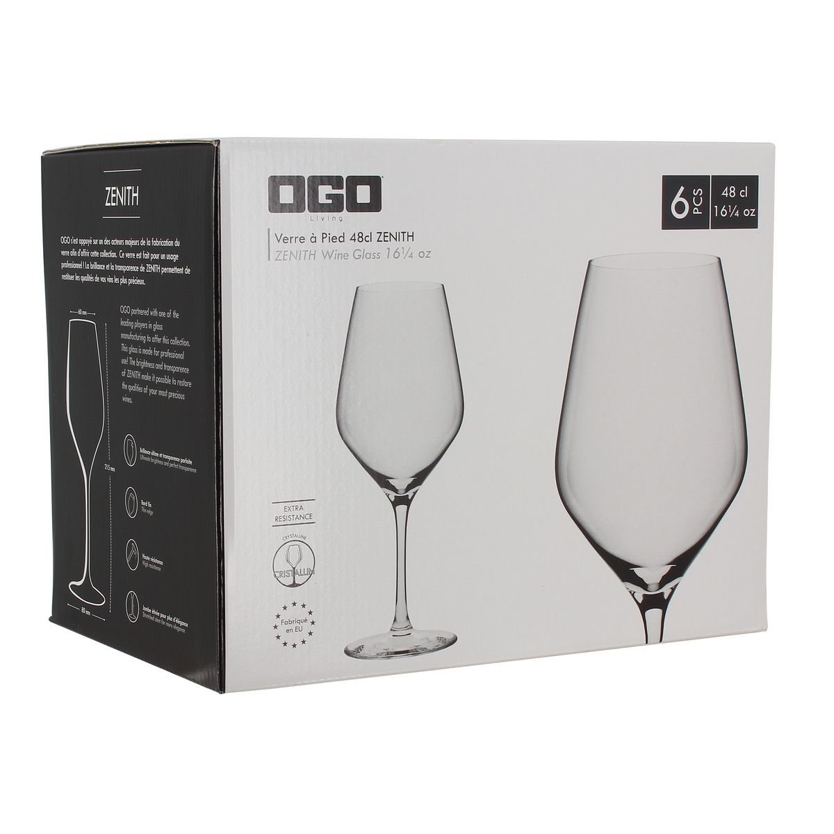 Lot de 6 verres à pieds 48cl, ZENITH transparent, OGO LIVING