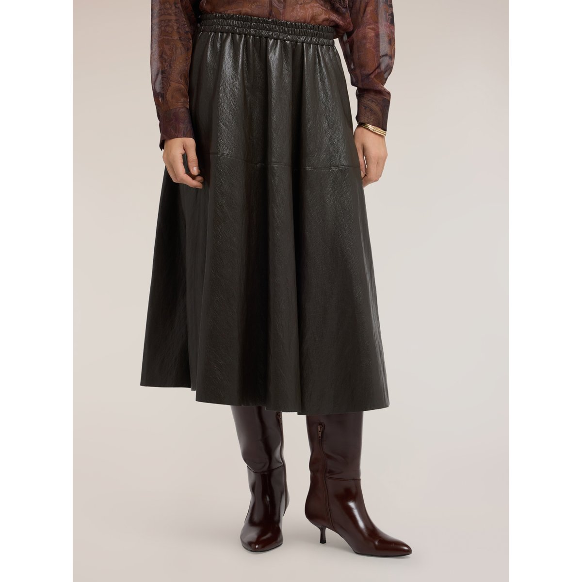 Jupe midi ligne A enduite marron, MOTIVI