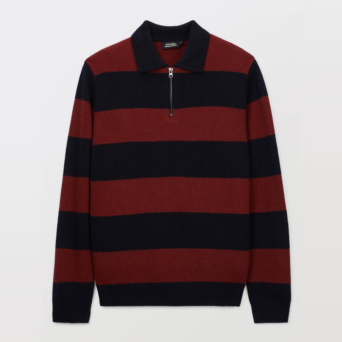 Pull en laine rayé col polo zippé marine, MONOPRIX