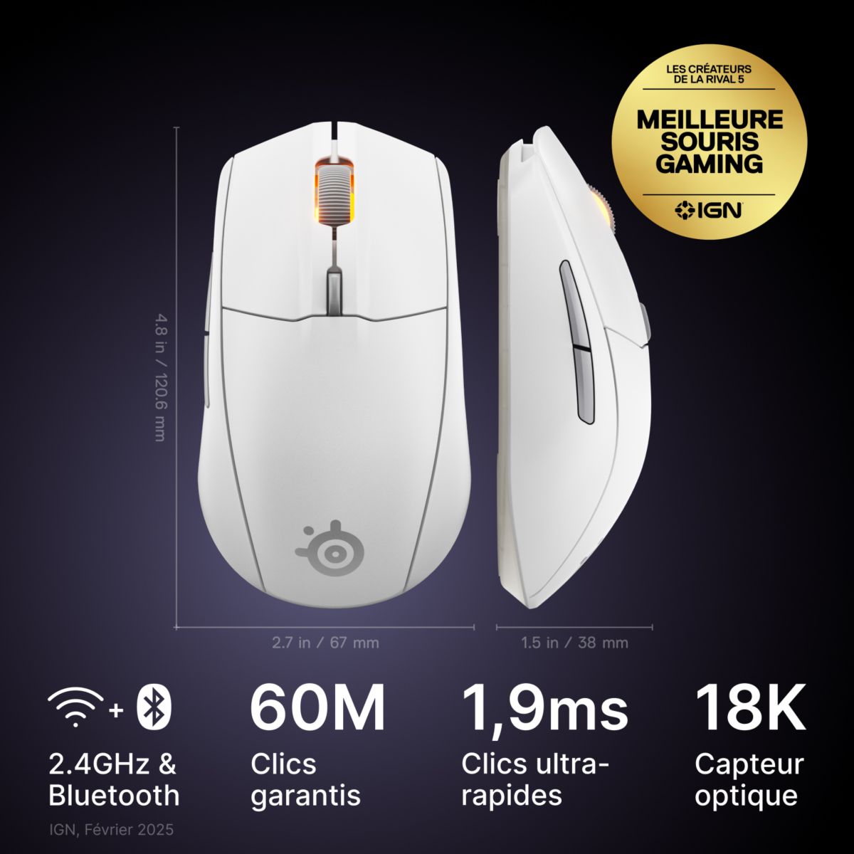 Souris Gamer Sans Fil Rival 3 WL Gen 2 Blanc couleur unique, STEELSERIES