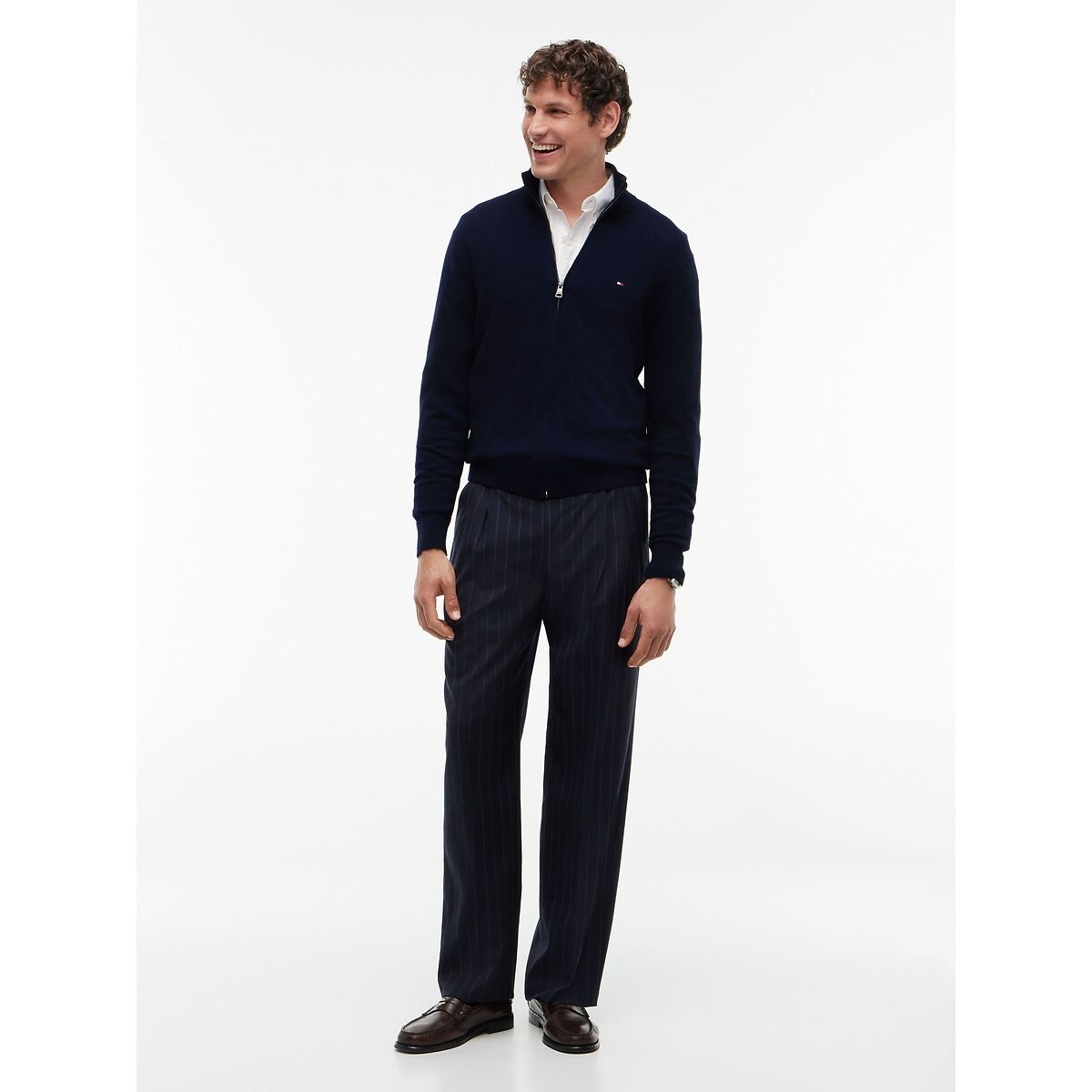 Gilet zippé, col montant en coton et cachemire bleu marine, TOMMY HILFIGER
