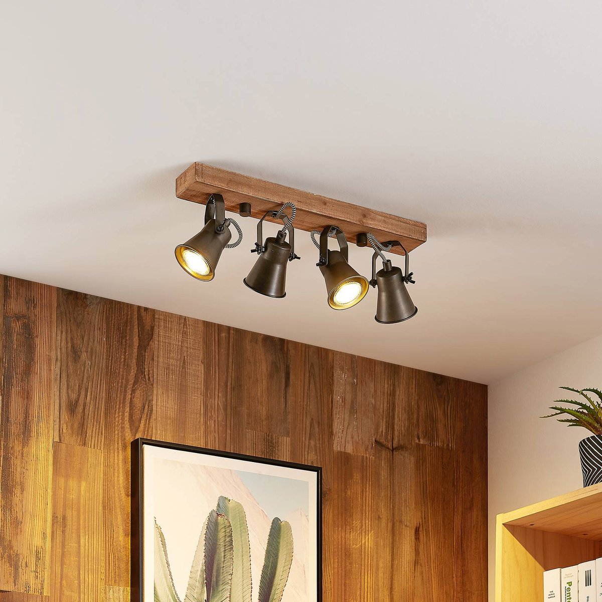 Projecteur halogène en bois vintage marron, noir, LINDBY