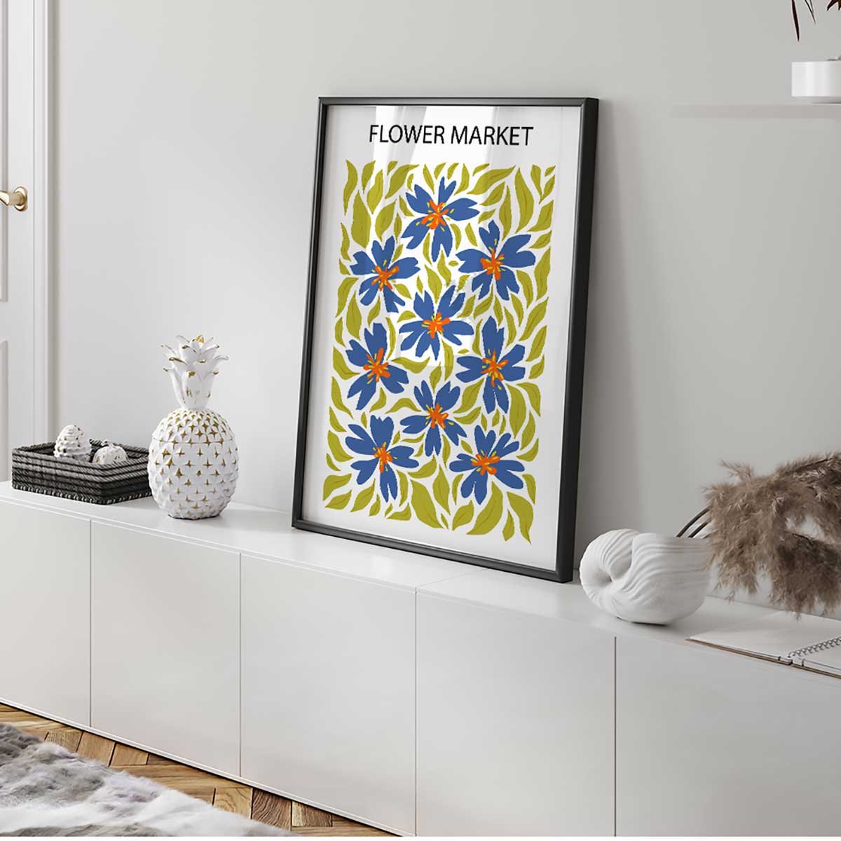 Affiche encadrée fleurs bleues décoratives affiche + cadre en métal - noir, HEXOA