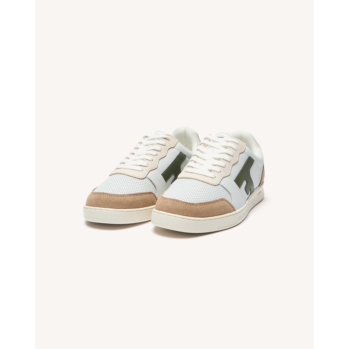 Baskets basses cuir suede HAZEL blanc et beige et kaki, FAGUO