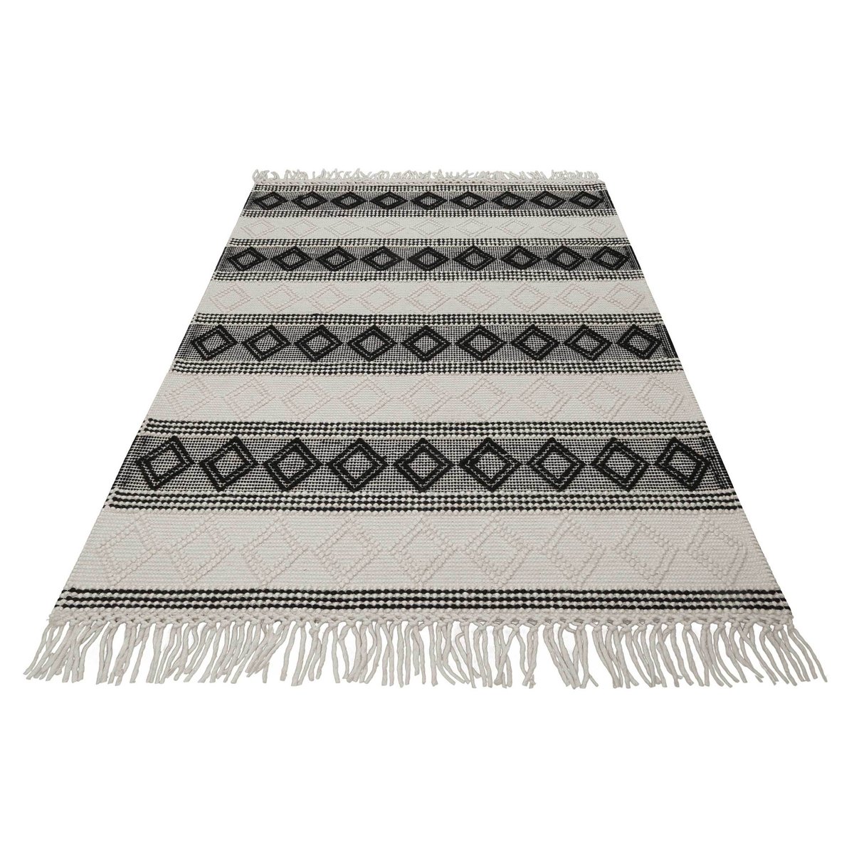 Tapis kilim tissé à franges , Cara blanc laine-noir, ESPRIT