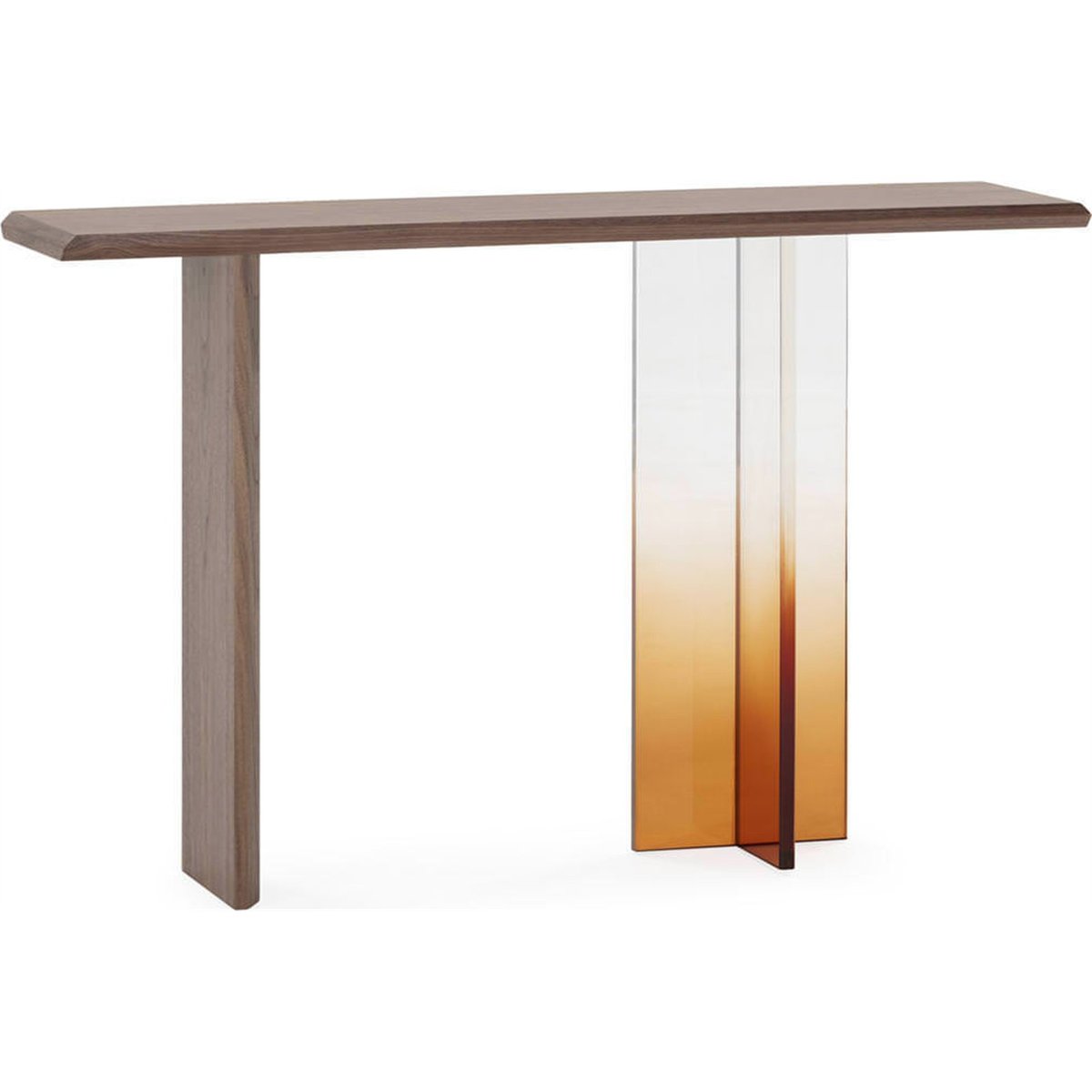 Console en noyer et méthacrylate noyer, transparent et ambre, RECOLLECTION
