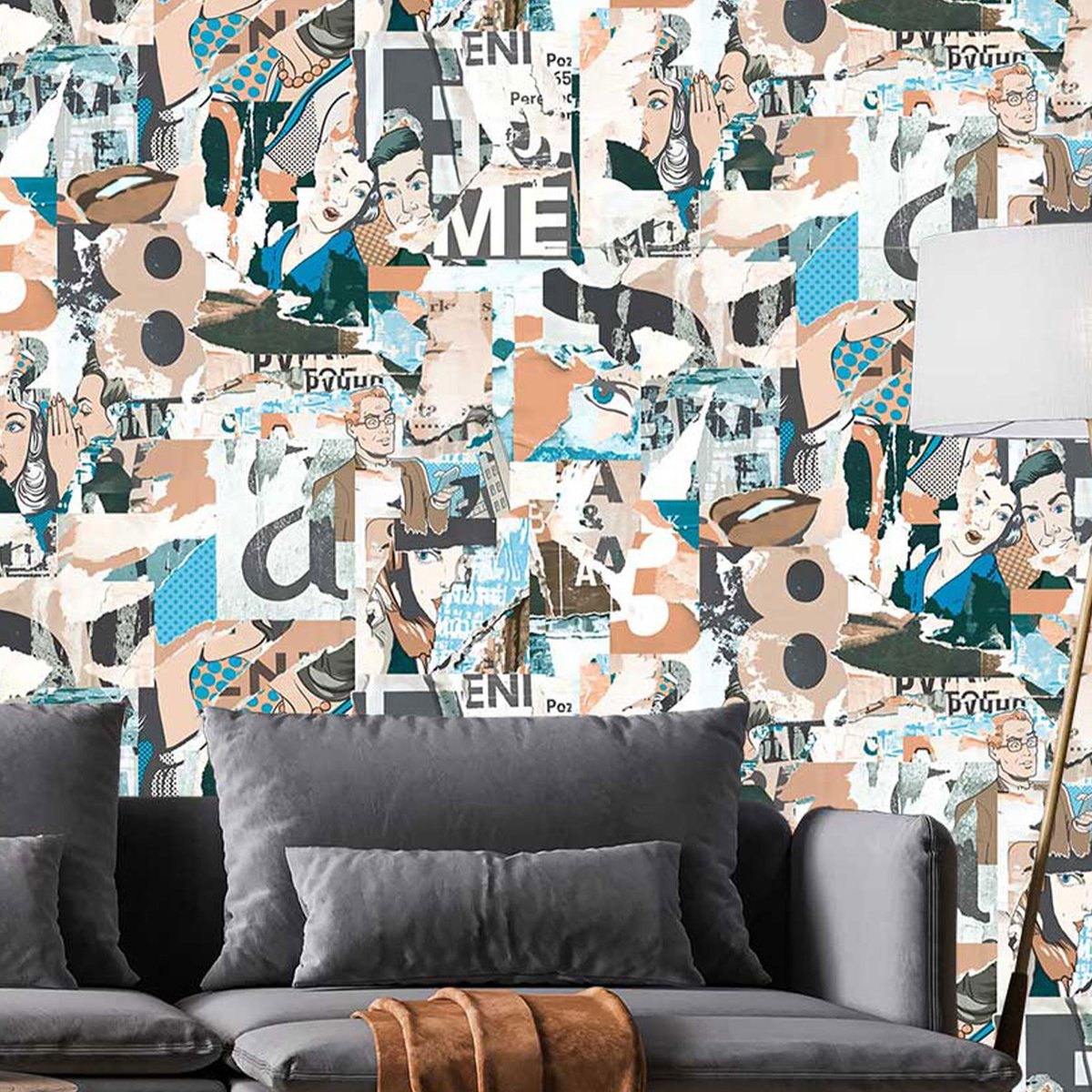 Papier peint graphique collage pop art gris, HEXOA