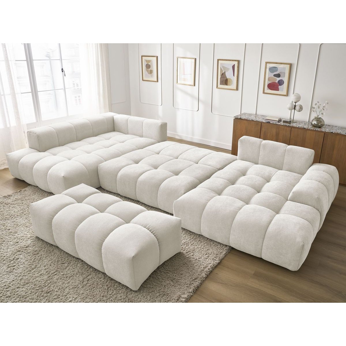 Canapé panoramique convertible 7 places en tissu texturé avec pouf, EVEREST blanc, BOBOCHIC