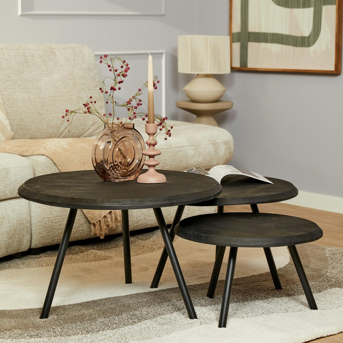 Table basse gigogne ronde bois et métal (lot de 3) ALMA noir, PIER IMPORT