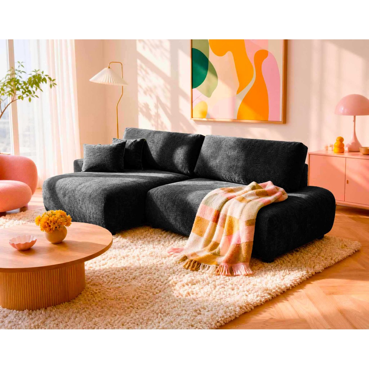 Canapé d'Angle Convertible en Tissu texturé 4 places - PIVOINE noir, BEST MOBILIER