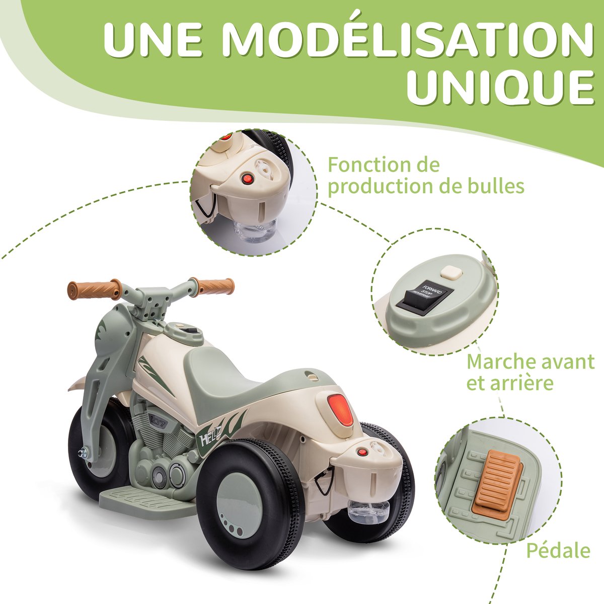 Moto électrique à conducteur assis PP Blanc crème, vert clair, noir, AIYAPLAY
