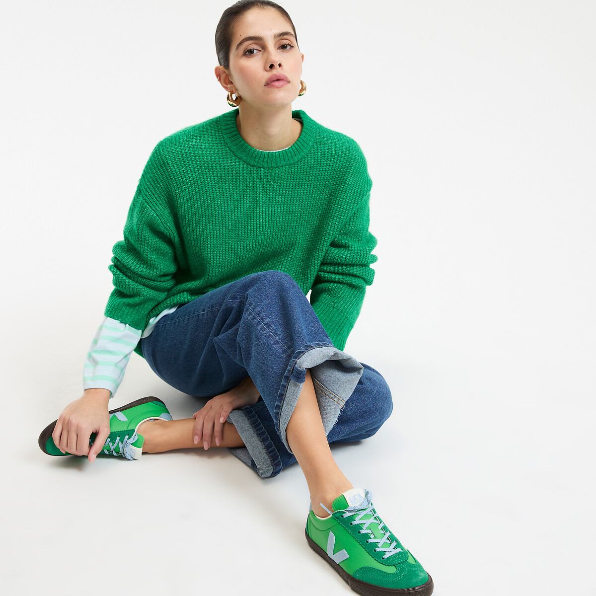Pull col rond en grosse maille mousseuse vert, LA REDOUTE COLLECTIONS