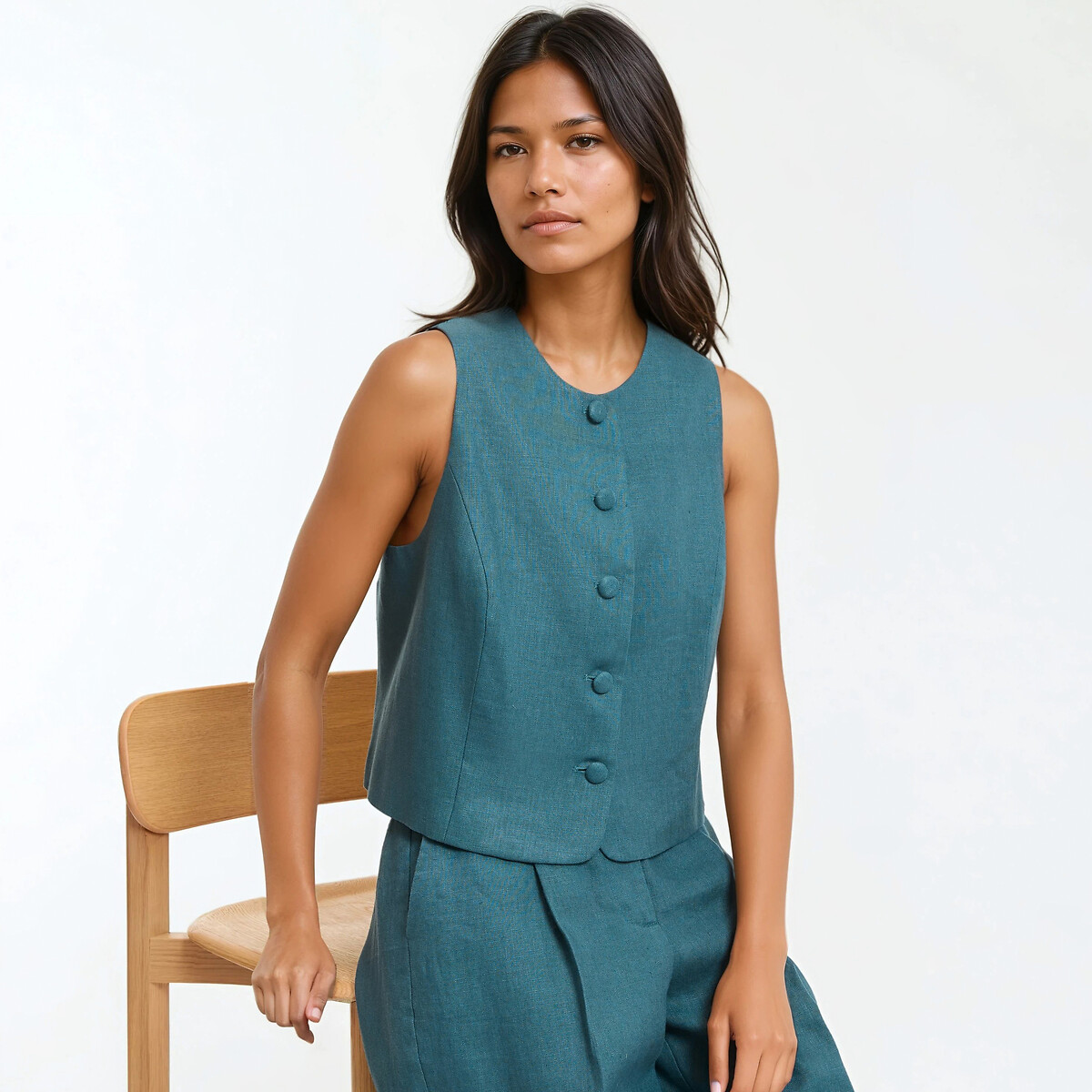 Gilet de costume court cintré en lin vert emeraude, LA REDOUTE COLLECTIONS