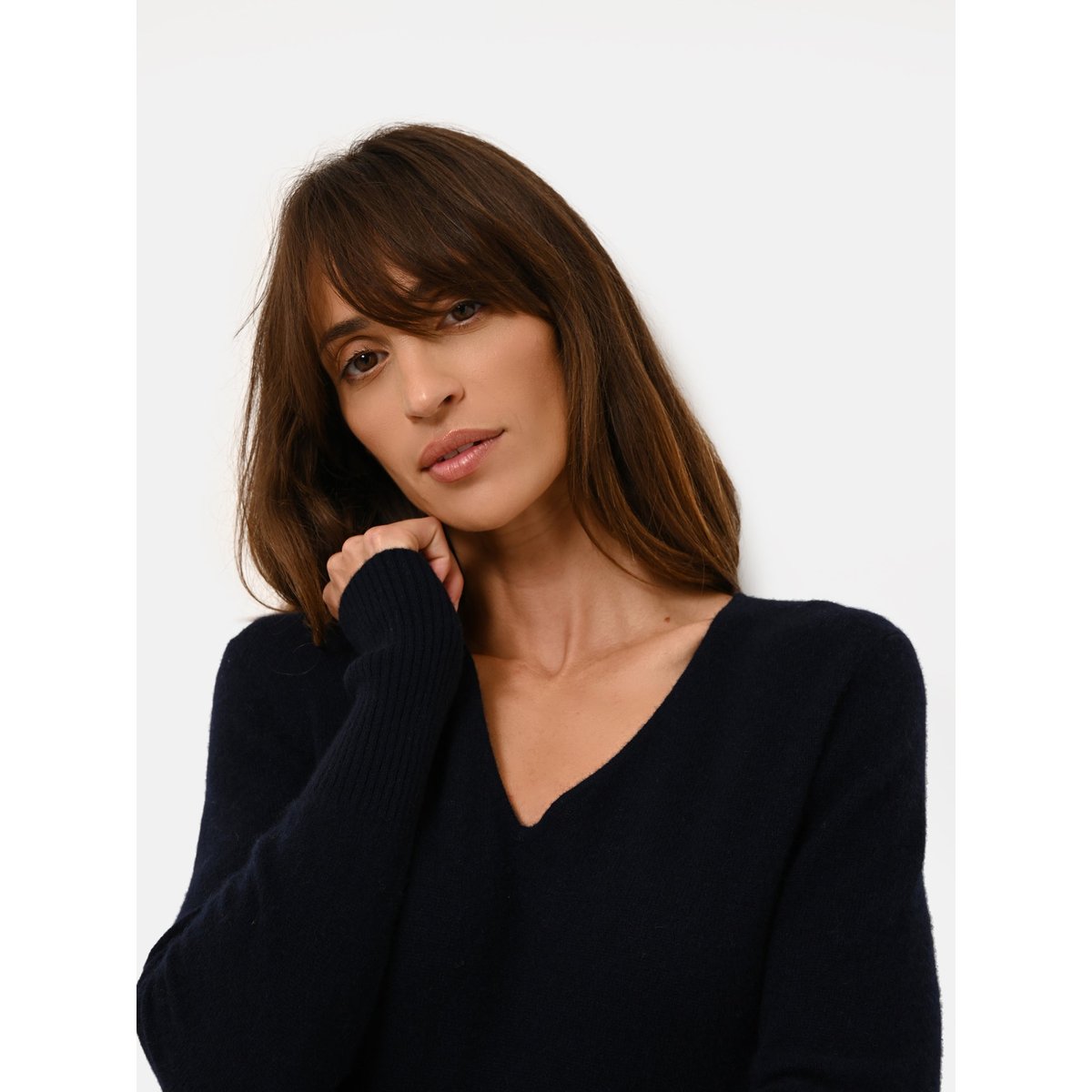 Robe Col V Navy Tracy bleu foncé, JUST CASHMERE