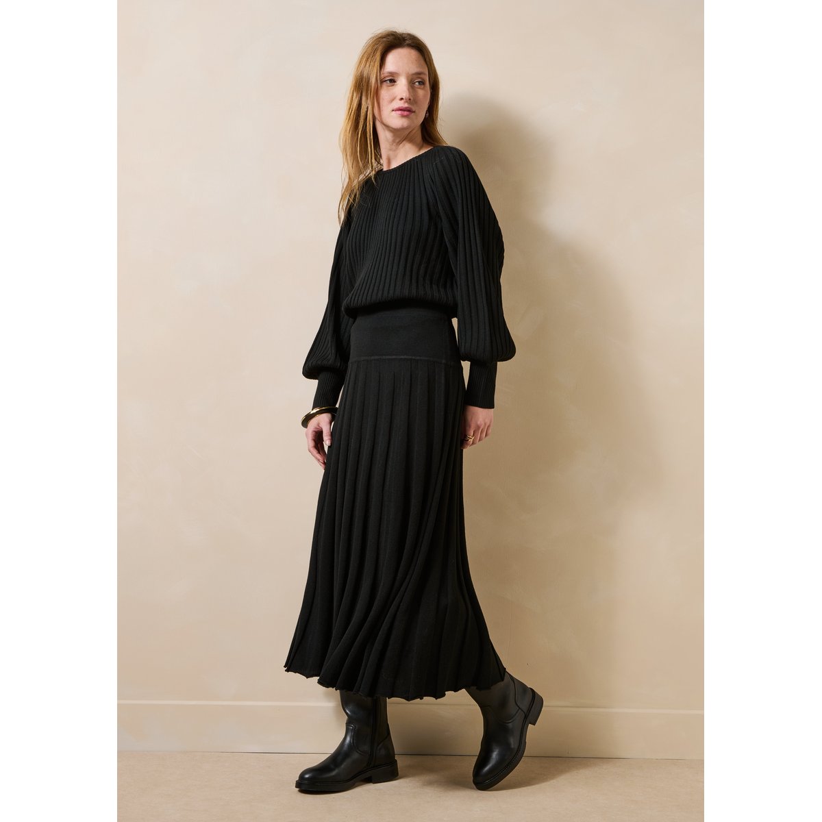 Jupe midi plissée en maille noir, LA FEE MARABOUTEE