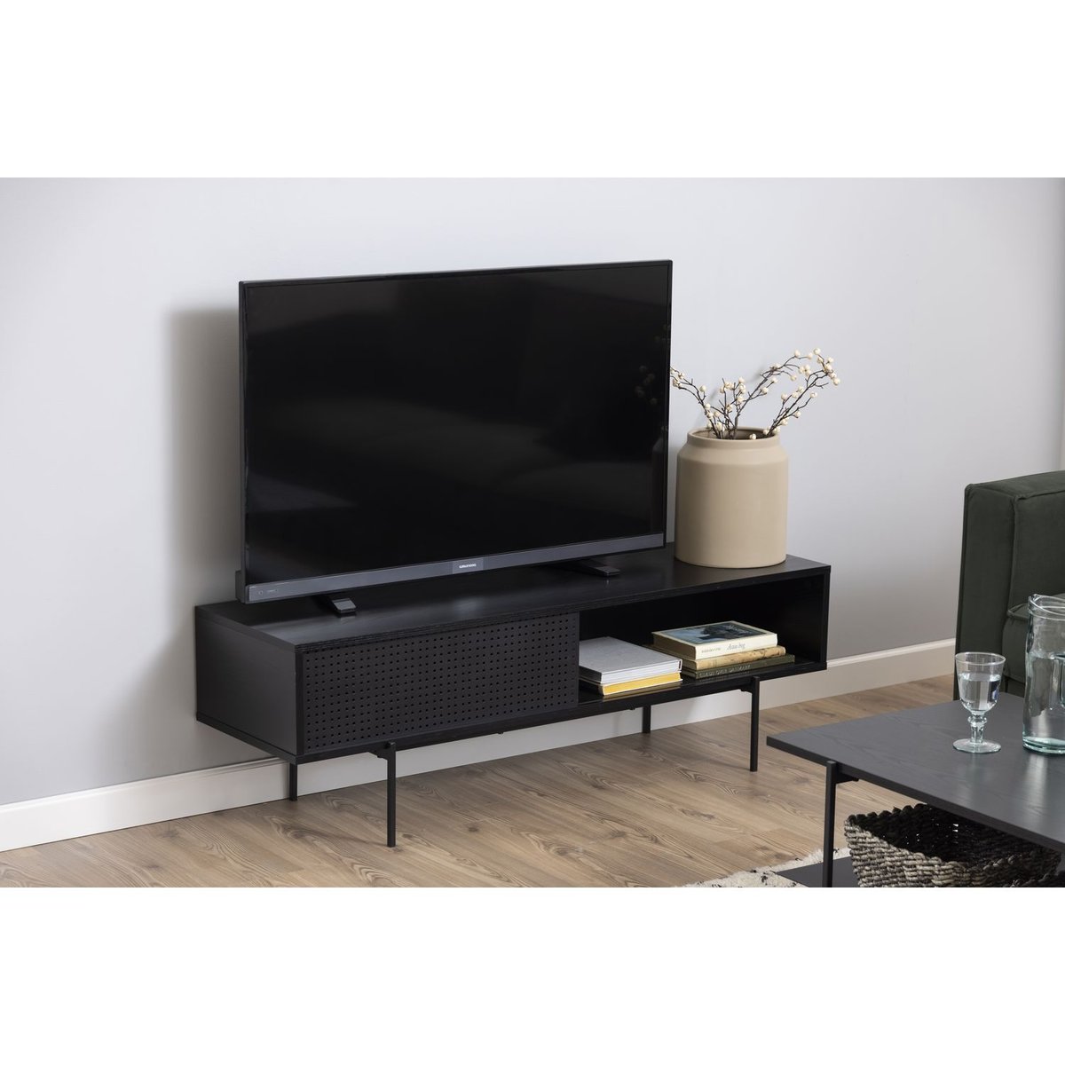 Meuble TV 1 porte coulissante et 2 niches de rangement ARIA noir, TOILINUX