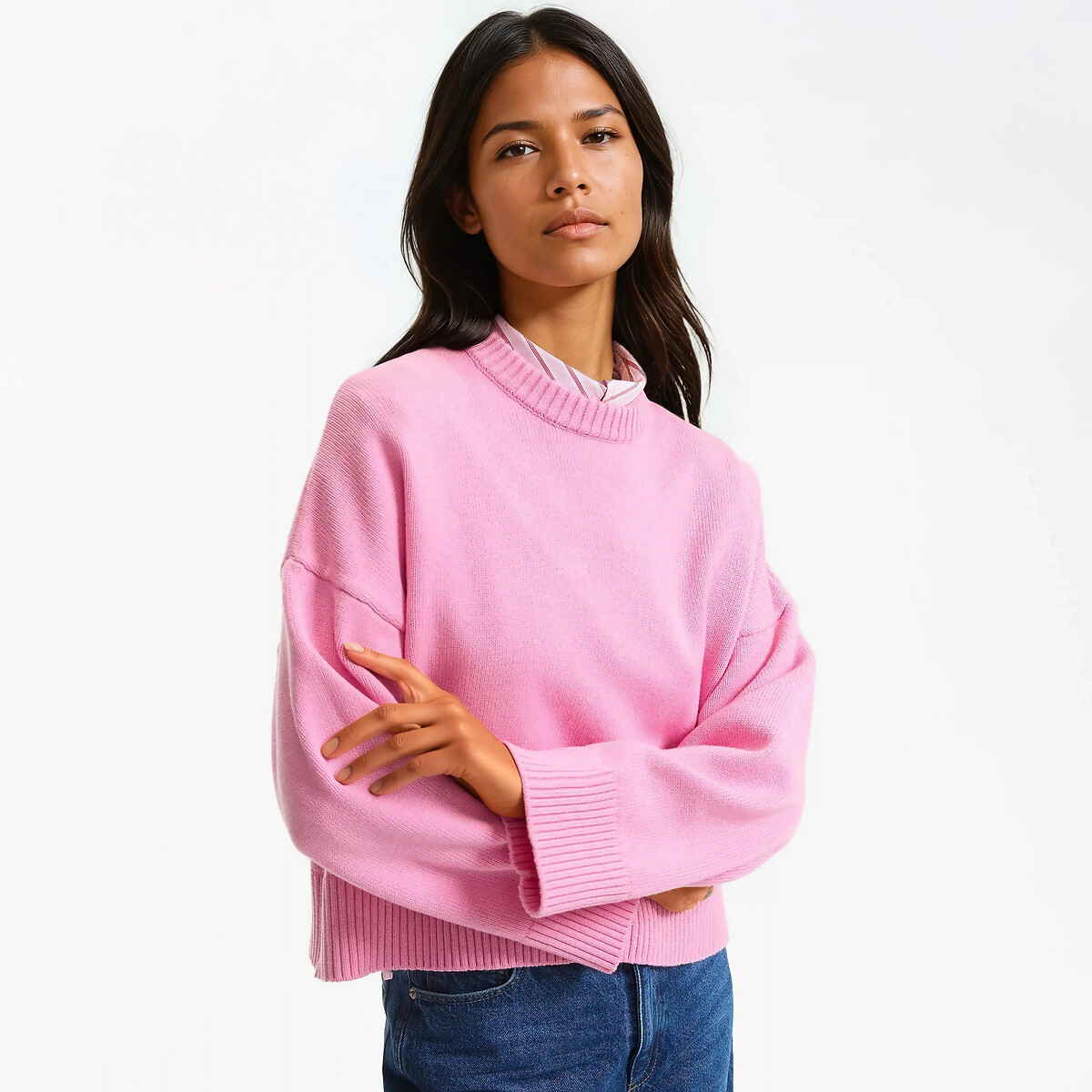 Pull col rond, en laine et coton mélangés rose, LA REDOUTE COLLECTIONS