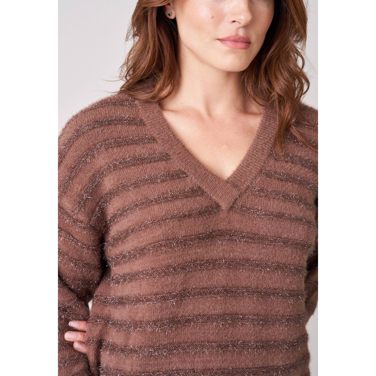 Pull femme ample duveteux rayures brillantes MILIENA marron clair, DEELUXE