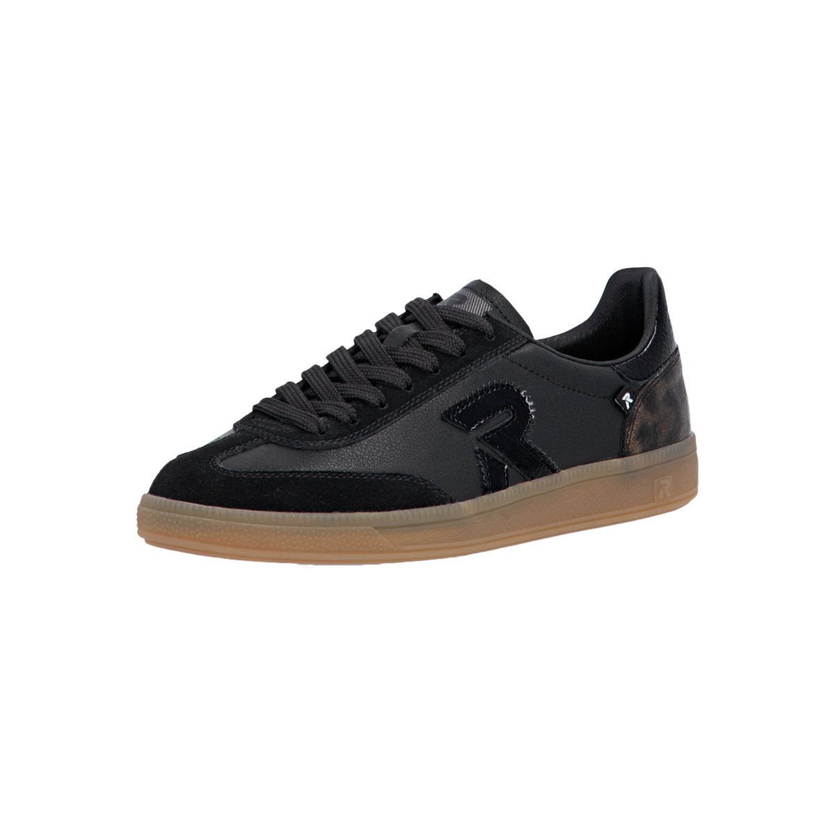 Tennis en cuir noires avec empiècement motif léopard brillant noires, RIEKER