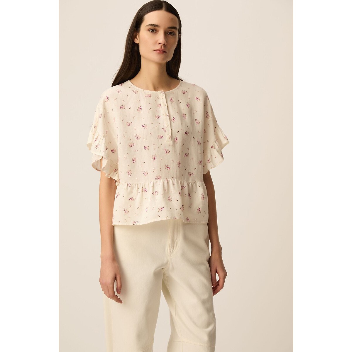 Blouse manches courtes imprimé floral, TANGO blanc imprimé fleurs roses, DES PETITS HAUTS