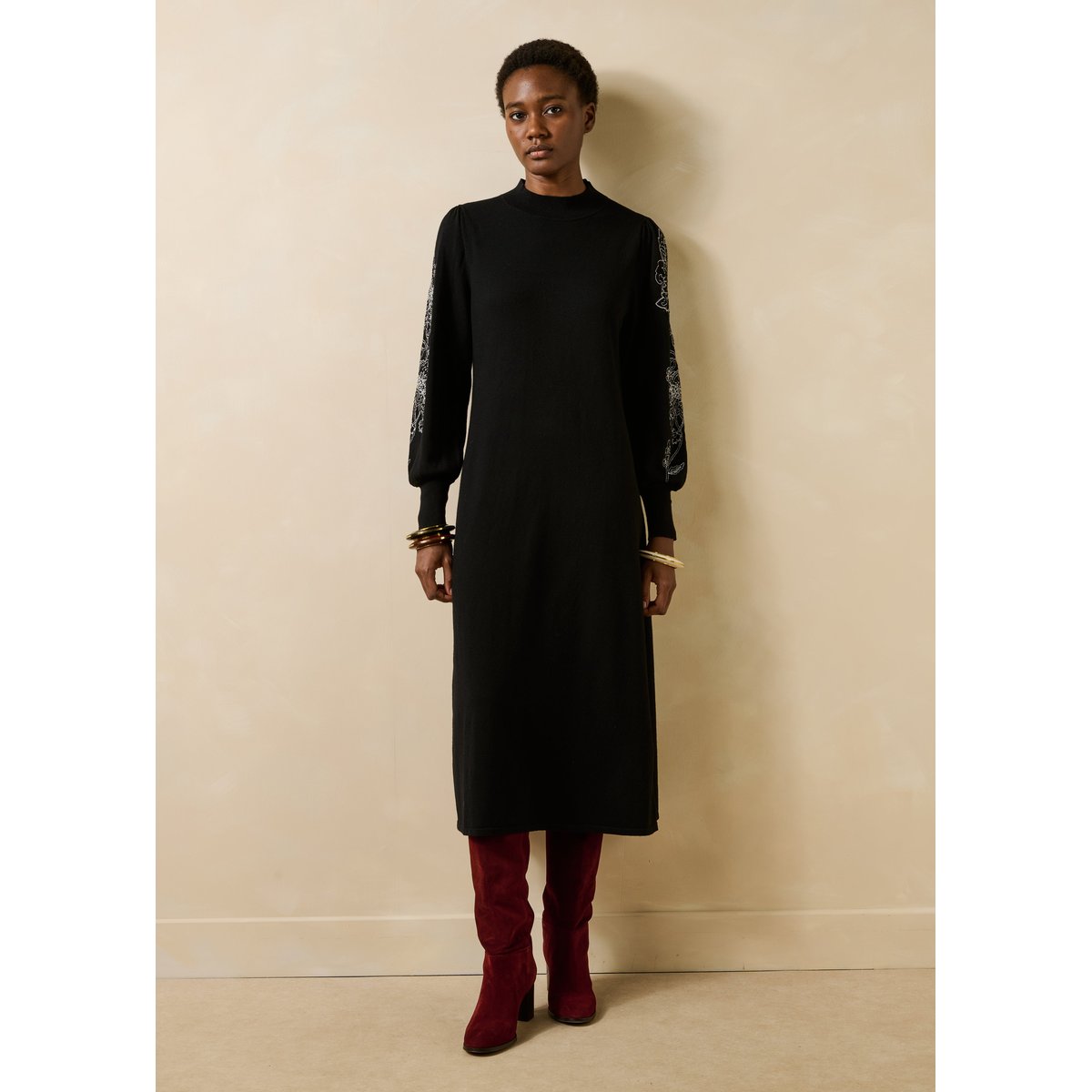 Robe midi en maille avec broderie noir/ecru, LA FEE MARABOUTEE