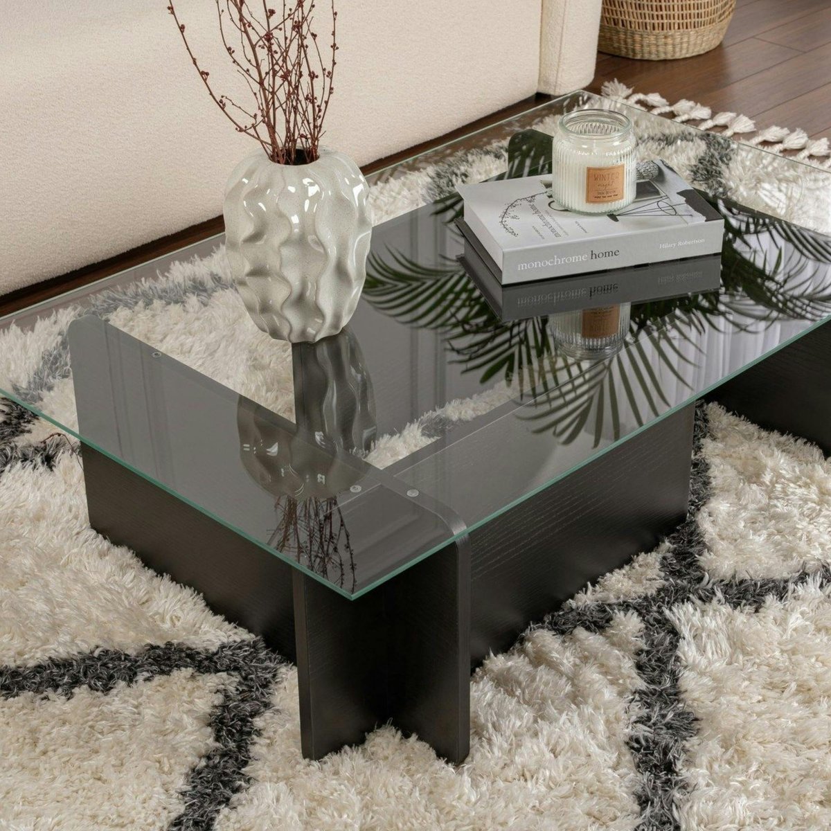 Table basse déstructurée, plateau verre SALTA noir, PIER IMPORT