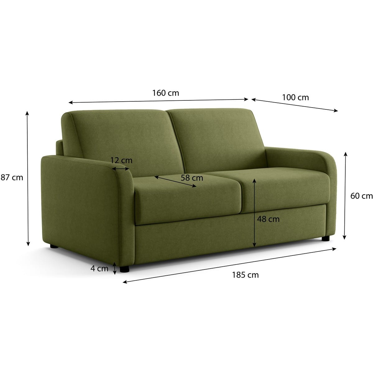 Canapé droit convertible 3 places en tissu chenille - ouverture express - LUMIO vert olive, HOMIFAB
