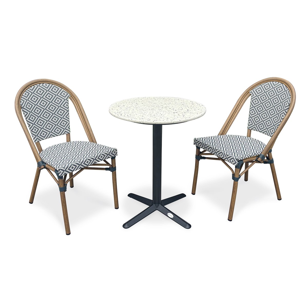 Ensemble repas de jardin 2 places en acier et plateau rond terrazzo BISTRO bleu marine, CITY GARDEN