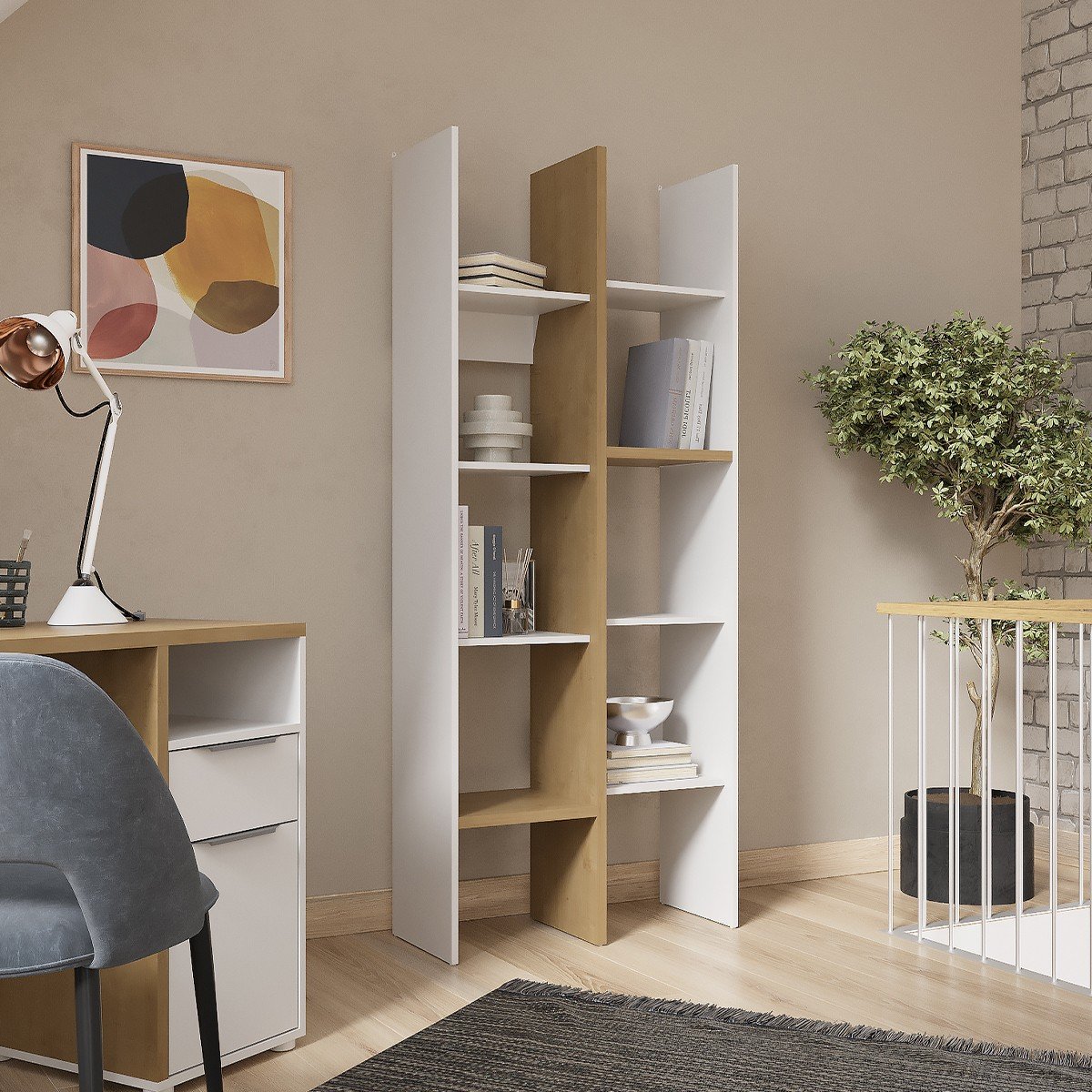 Etagère déco 6 rayons et 8 niches décor chêne et blanc mat - ACCESS bois clair, CALICOSY