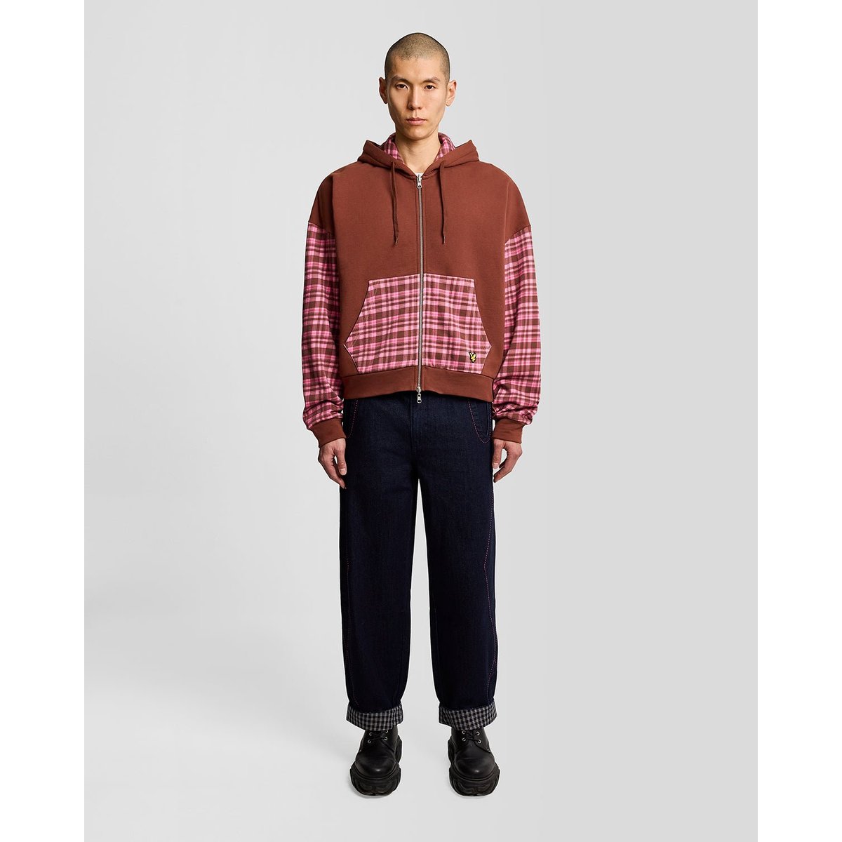 Sweat à capuche zippé contrasté à carreaux brun ganache marron/ phlox rose, LYLE & SCOTT