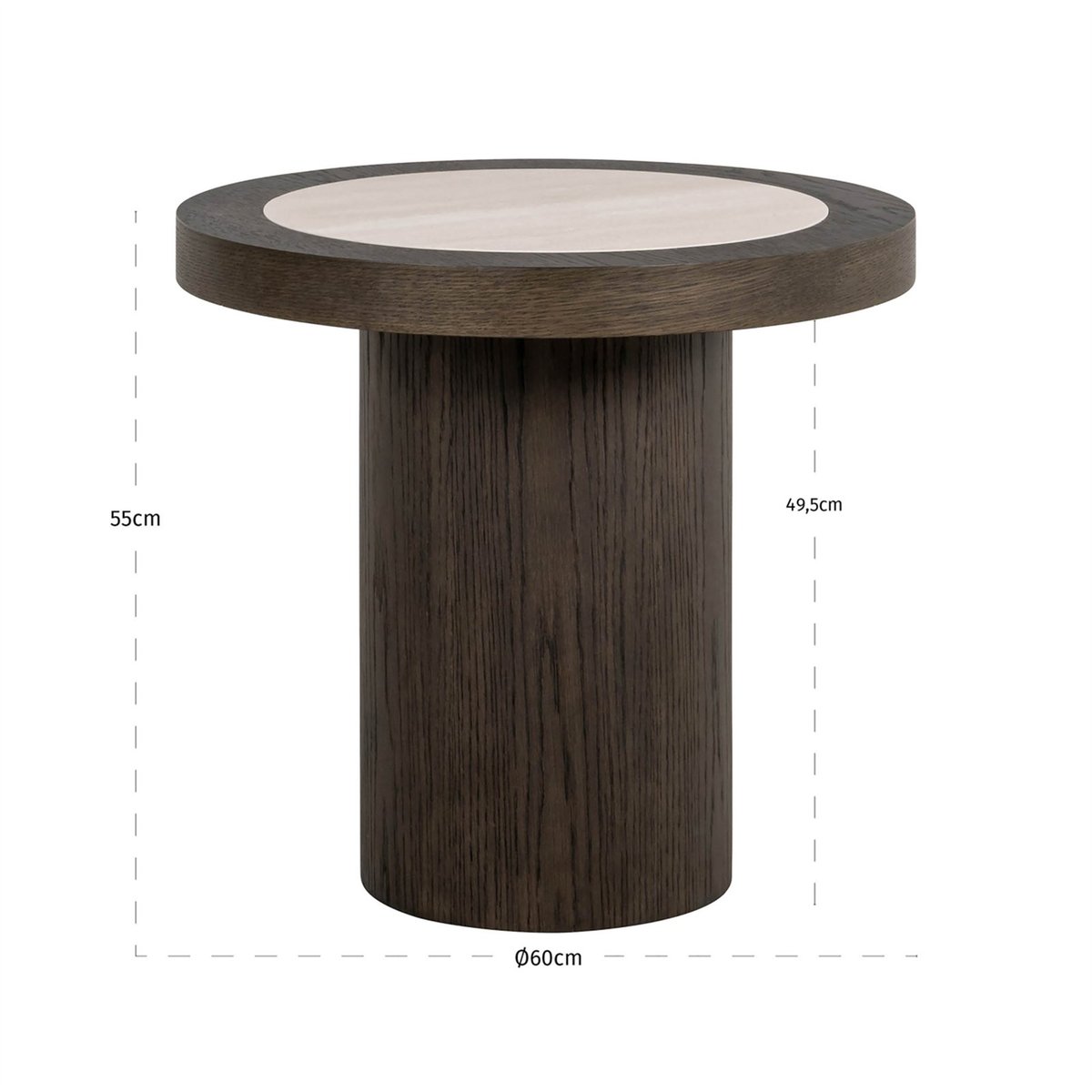 Table d'appoint ronde en travertin, NANDO chêne foncé et travertin beige, RECOLLECTION