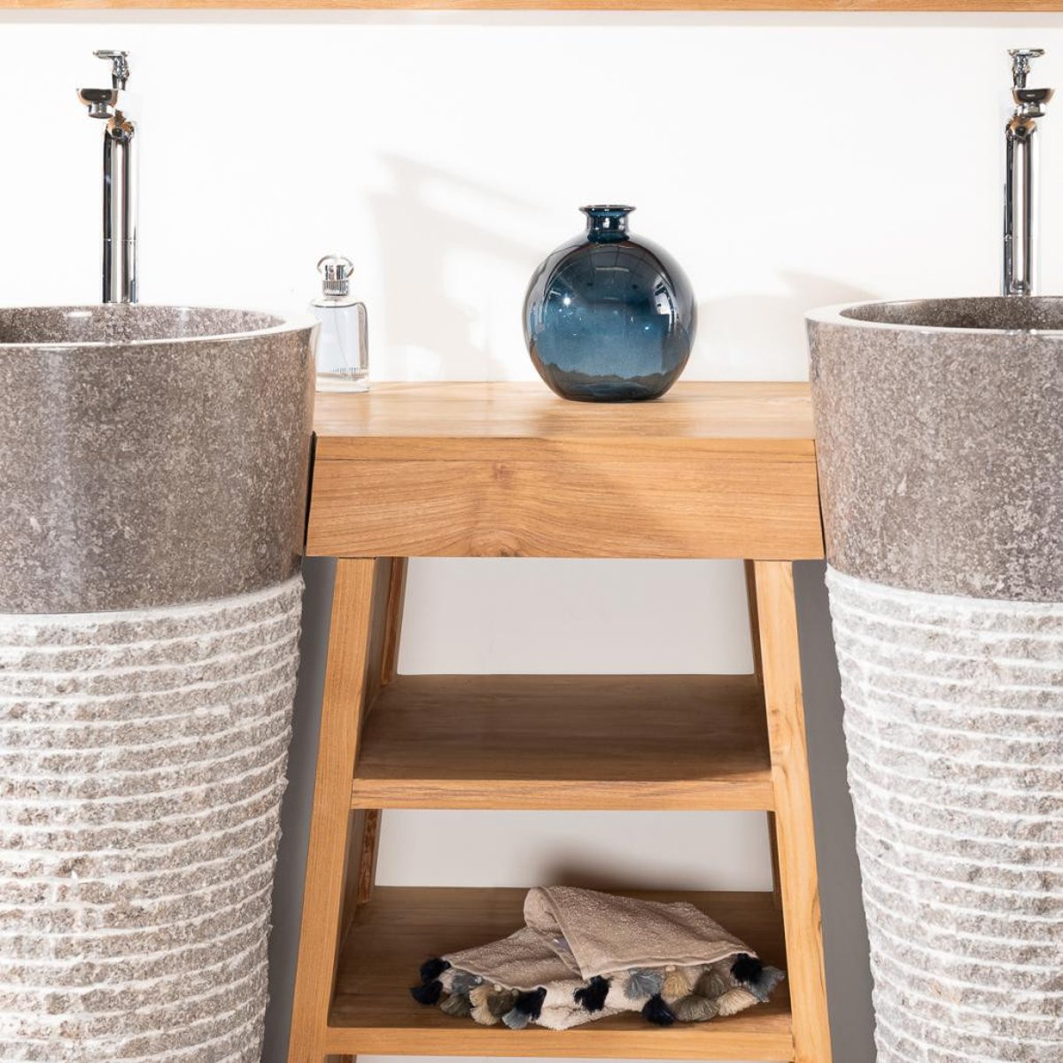 Meuble + vasques double en teck rectangle 180cm FLORENCE gris, WANDA COLLECTION