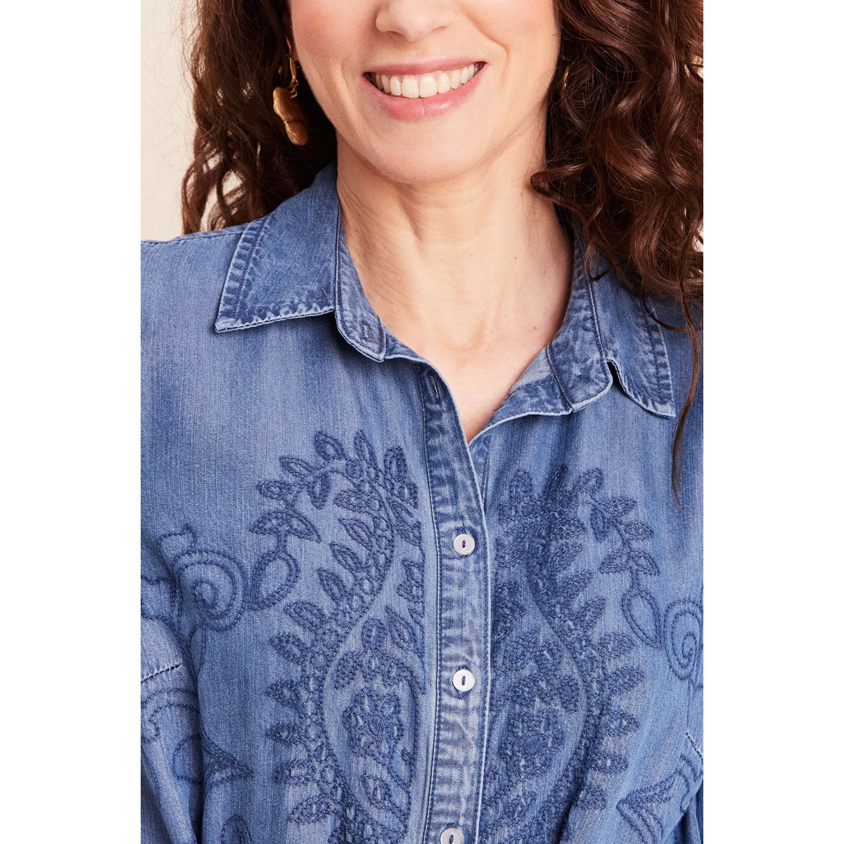 Robe courte évasée manches 3/4 brodée denim double stone, BREAL