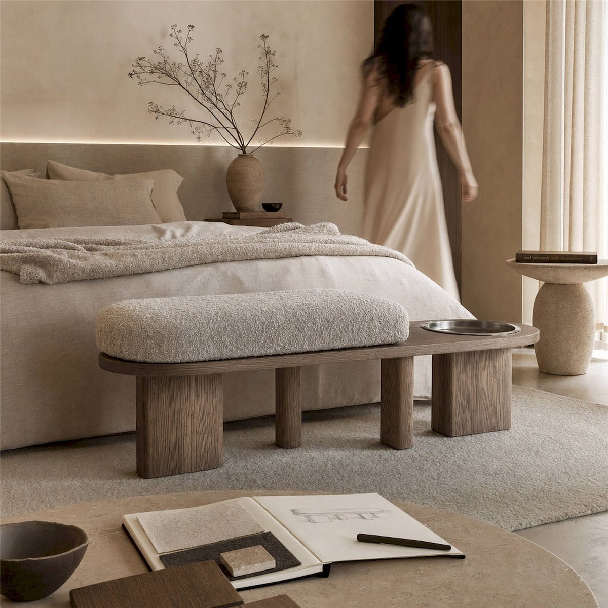 Banc de lit contemporain en bois beige grège, marron bois et doré, RECOLLECTION