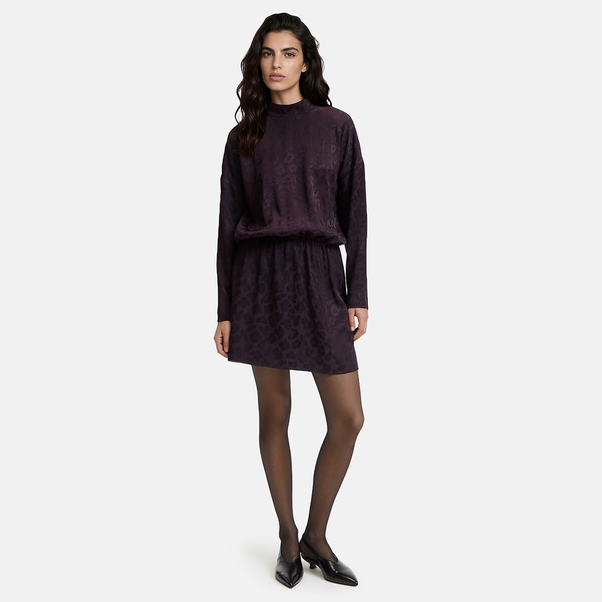 Robe courte, manches longues, en satin jacquard motif léopard violet aubergine, LA REDOUTE COLLECTIONS