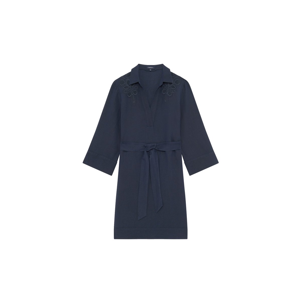 Robe courte col v lin VANINA bleu marine, CAROLL