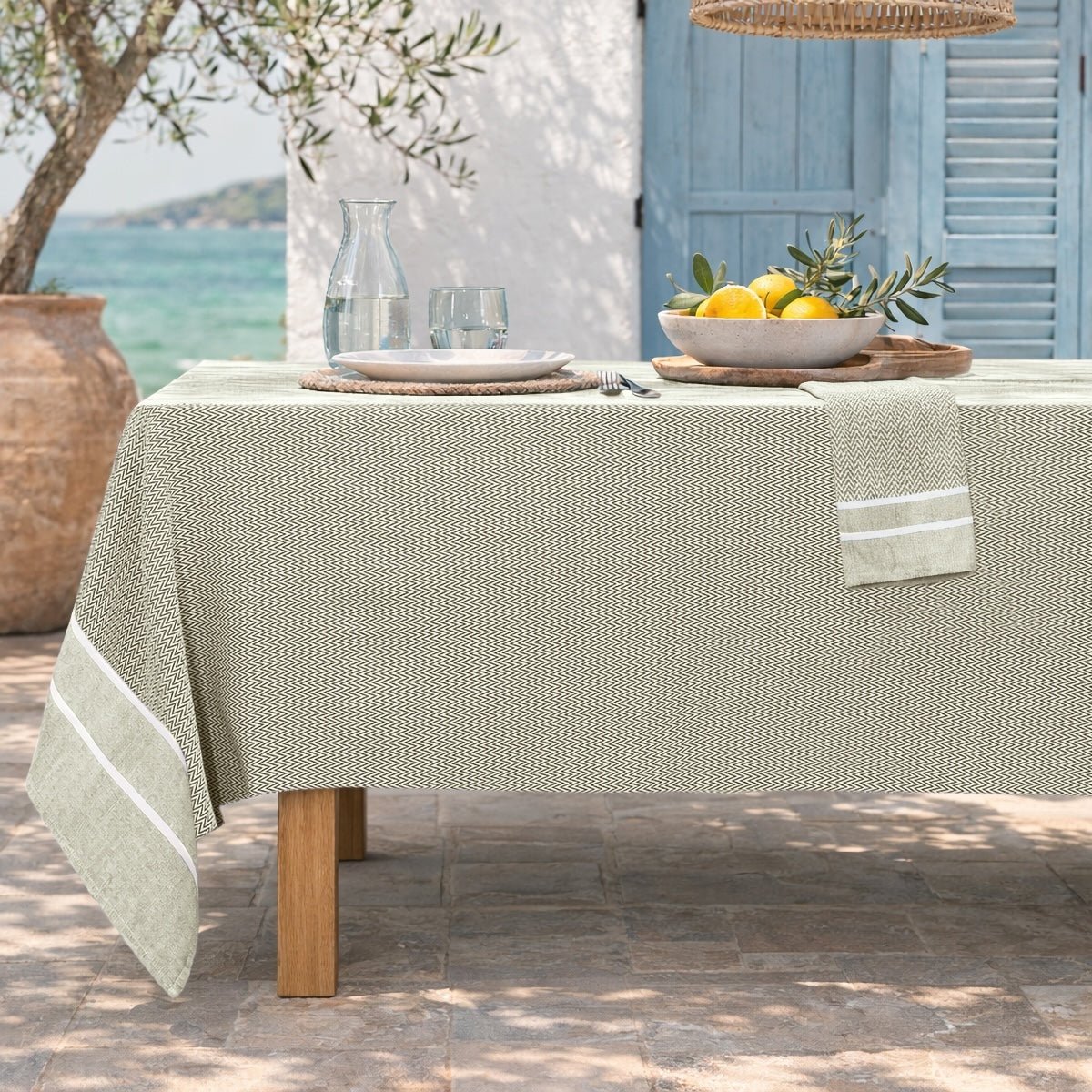 Nappe + 4 serviettes coton SIENNA vert olive, FEBRONIE