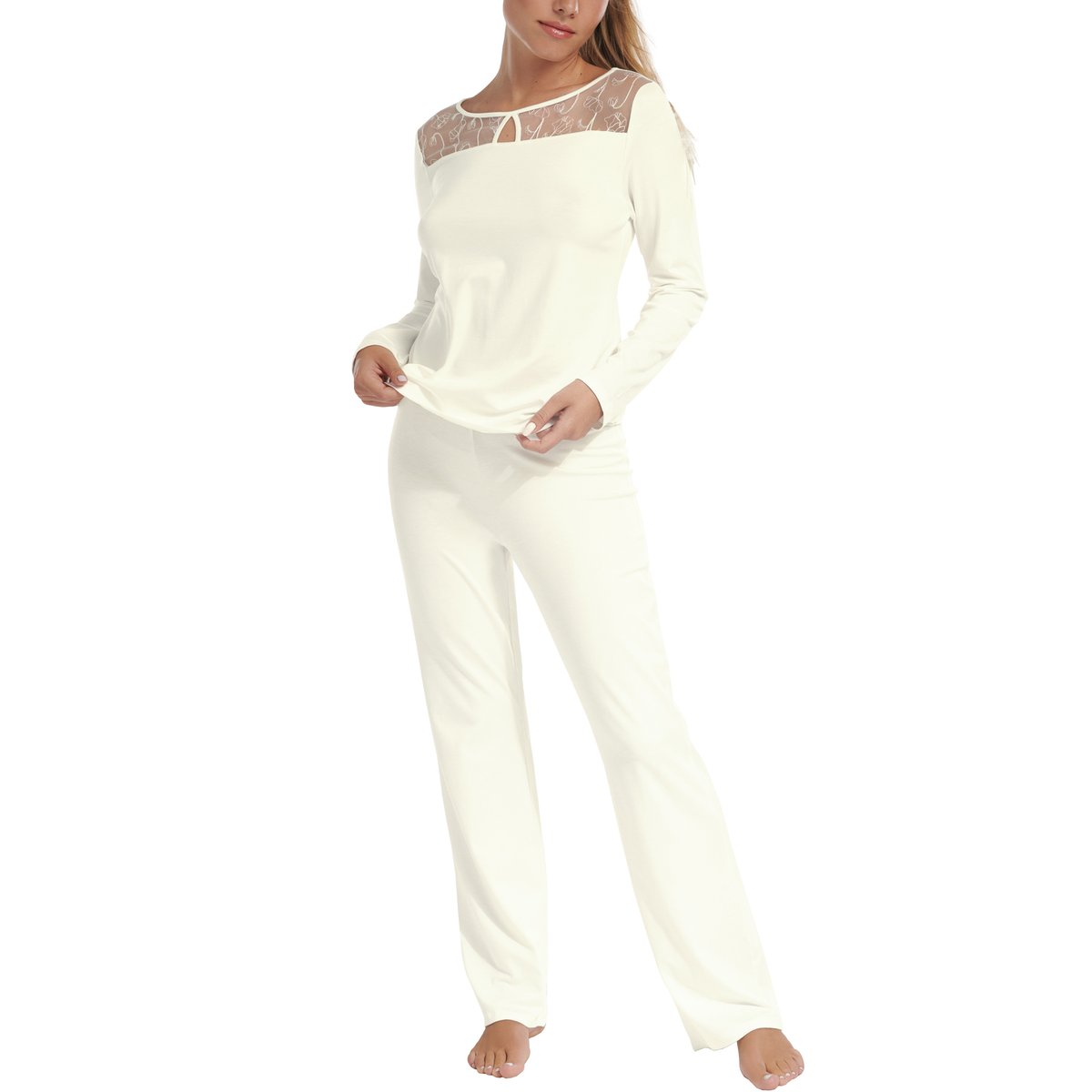 Pyjama pantalon top manches longues Liv Mariage ivoire, LISCA
