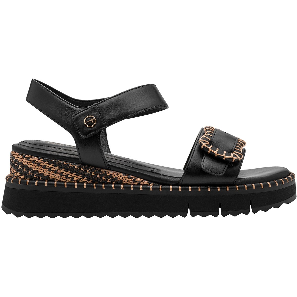 Sandales compensées en cuir noir, TAMARIS