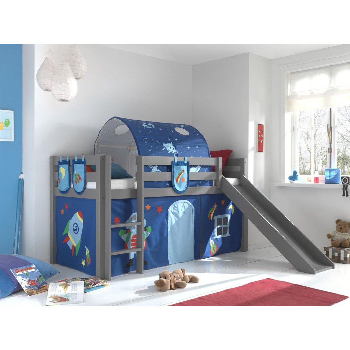 Lit Enfant Surélevé Avec Toboggan Gris + rideau et tunnel de lit+ 3 pochettes Space couleur unique, VIPACK